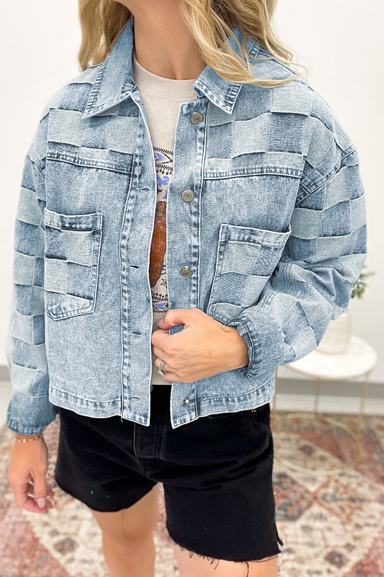 Beau Blue Denim Checkered Pattern Jacket