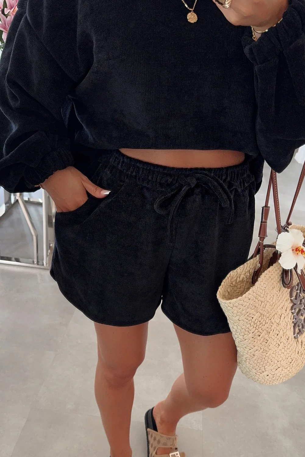 Knit Drop Shoulder Pullover Drawstring Shorts Set