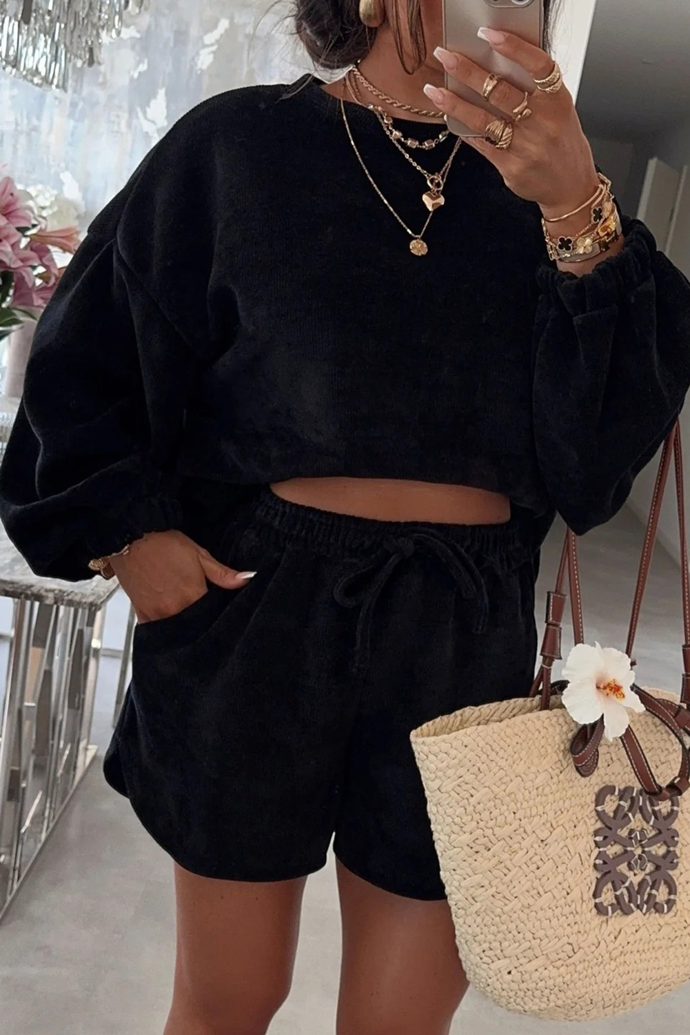 Knit Drop Shoulder Pullover Drawstring Shorts Set