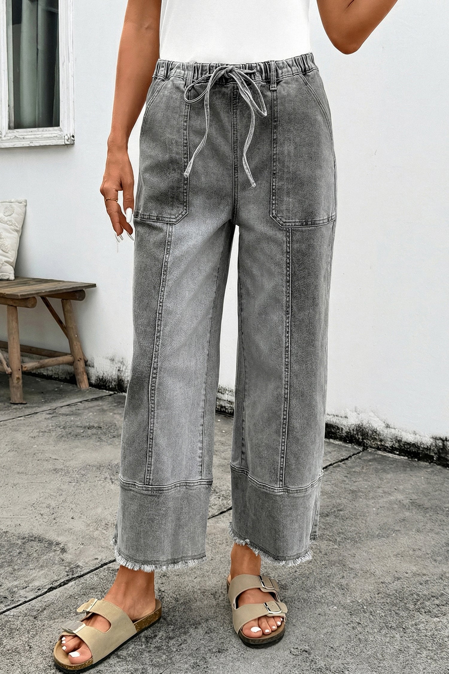 Drawstring Wide Leg Denim Pants