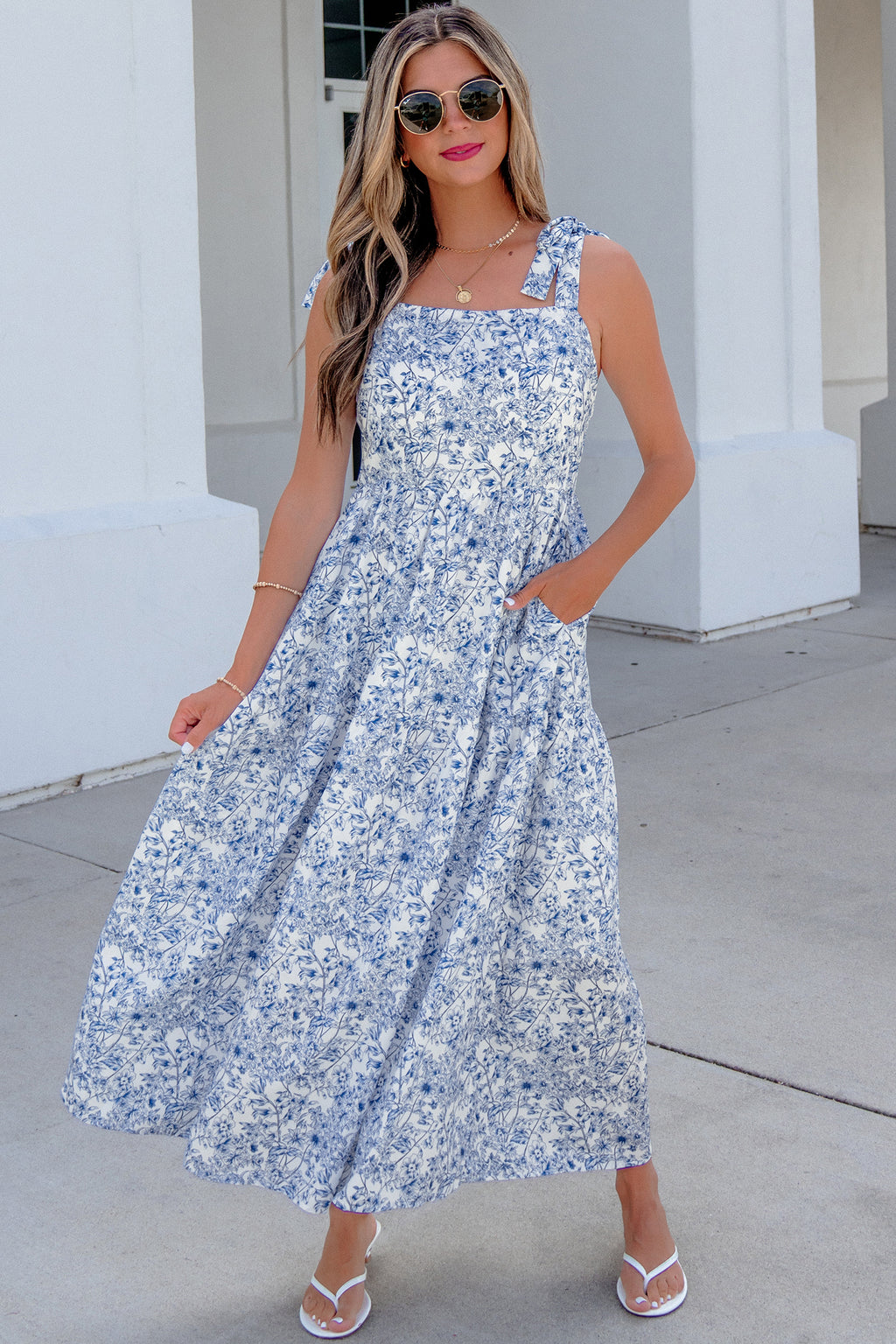 Blue Floral Print Maxi Dress