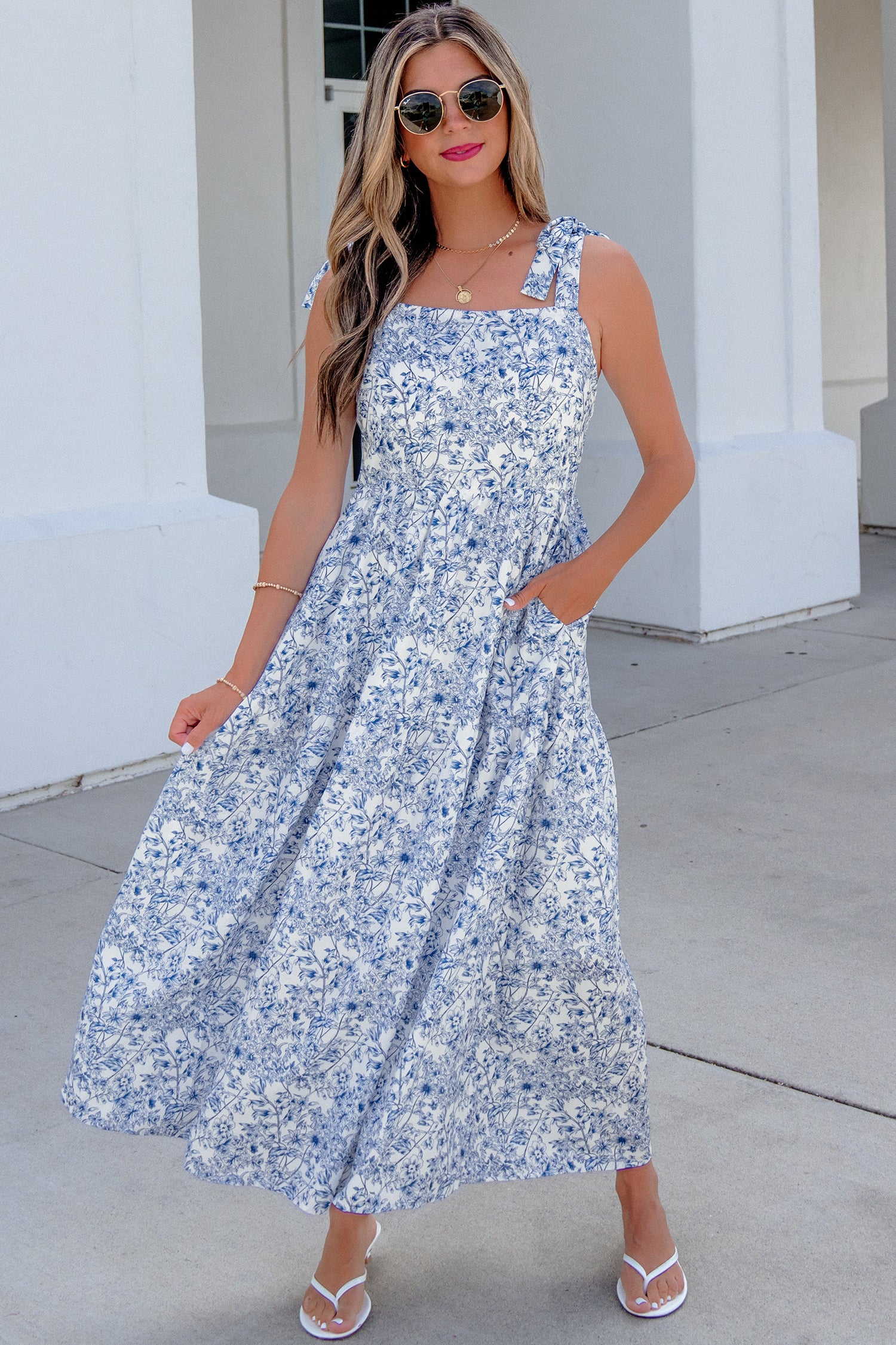 Blue Floral Print Maxi Dress