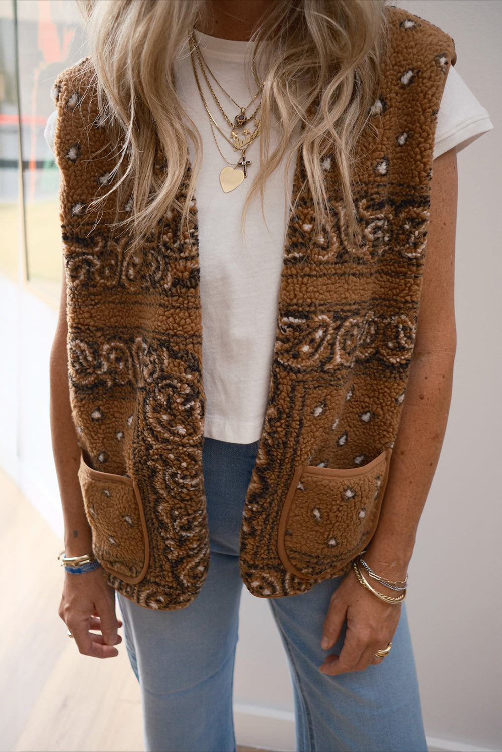 Sherpa Paisley Print Pocketed Vest