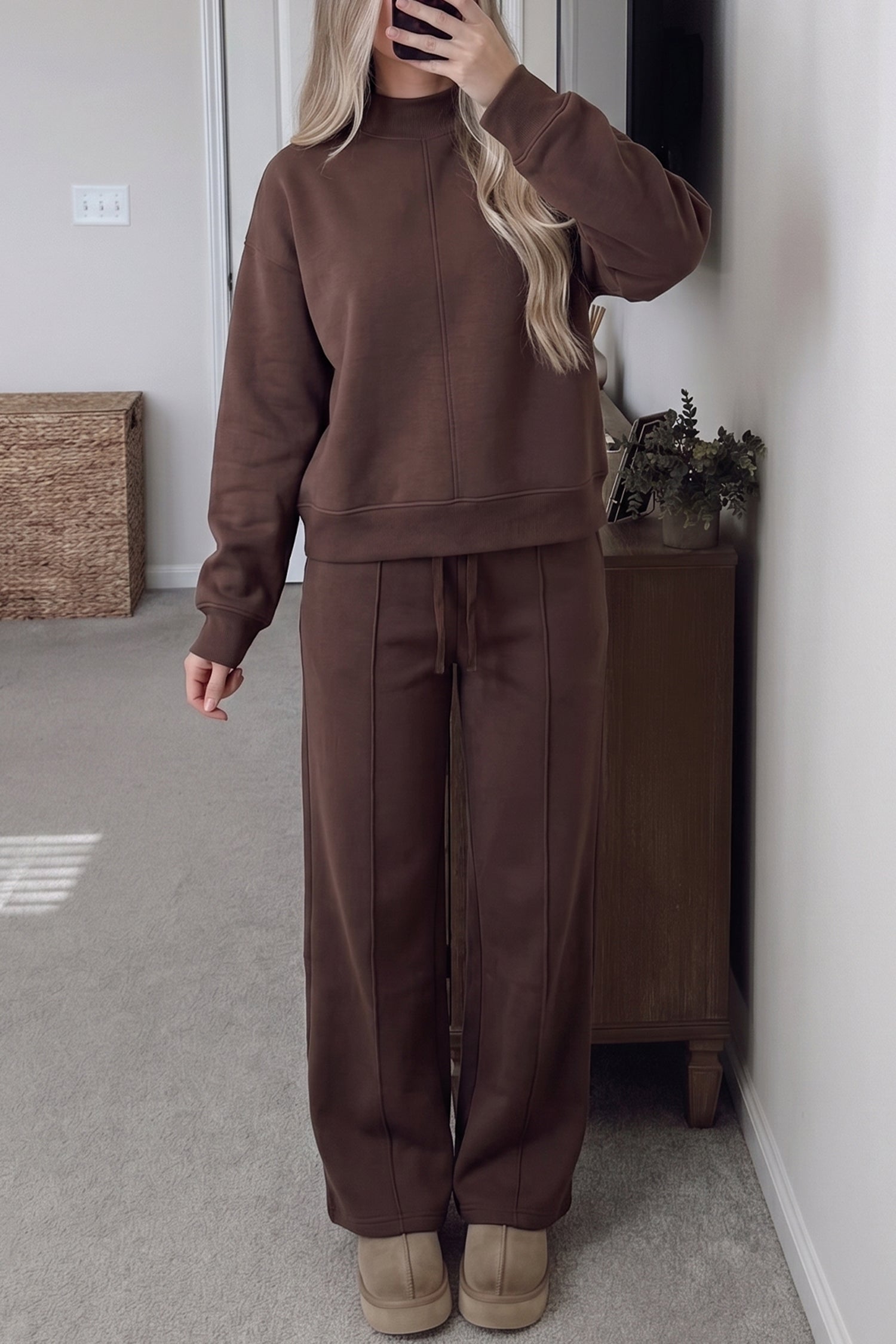 Coffee Piping Trim Mock Neck Two-Piece Set