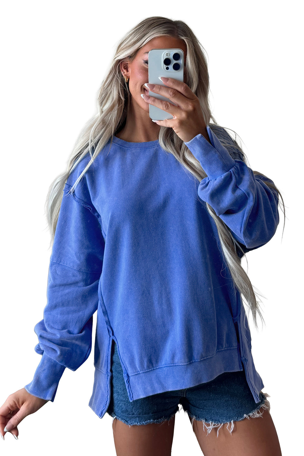 Sky Blue Mineral Wash Split Hem Tunic Sweatshirt