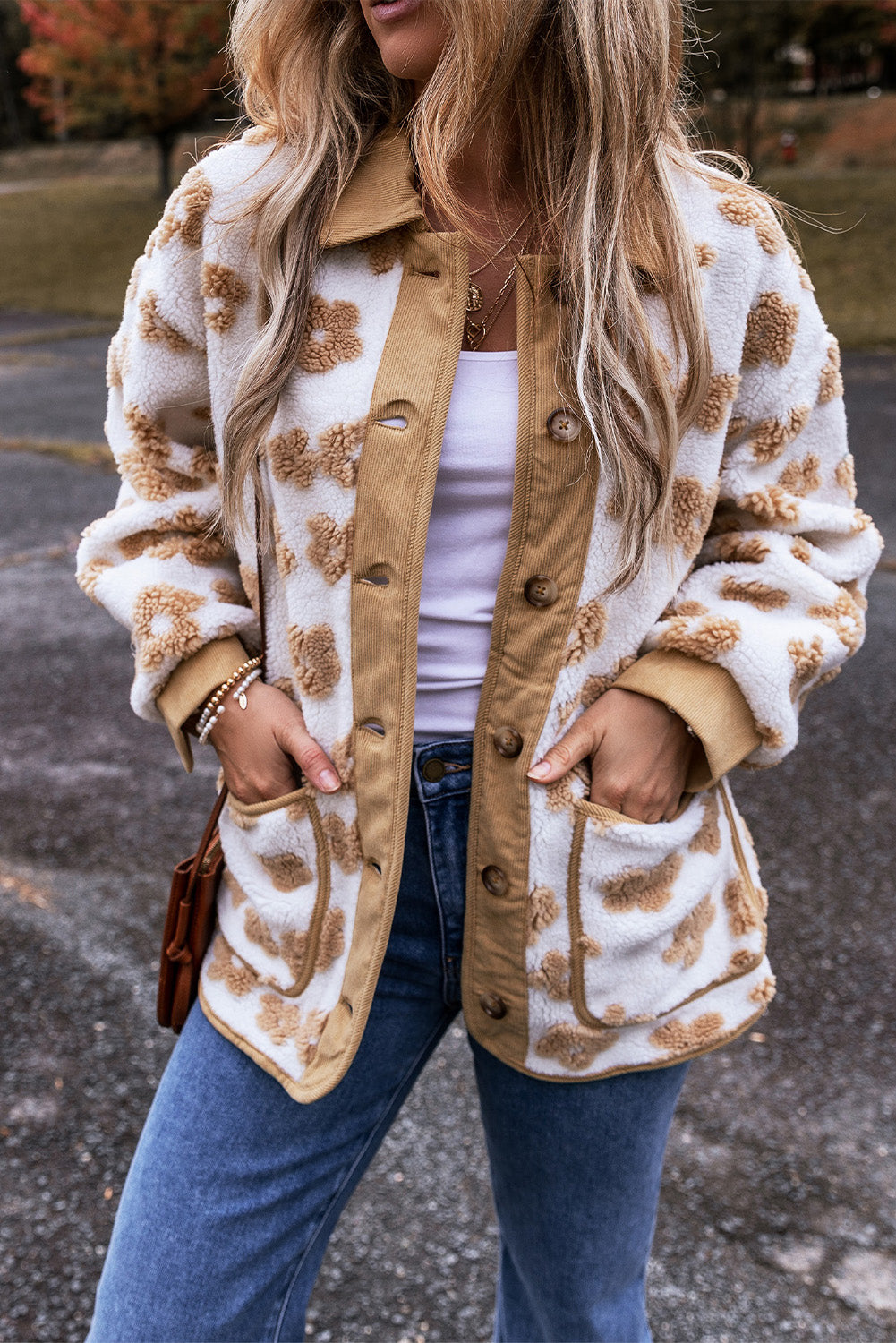 Beige Flower Pattern Button Up Fleece Jacket