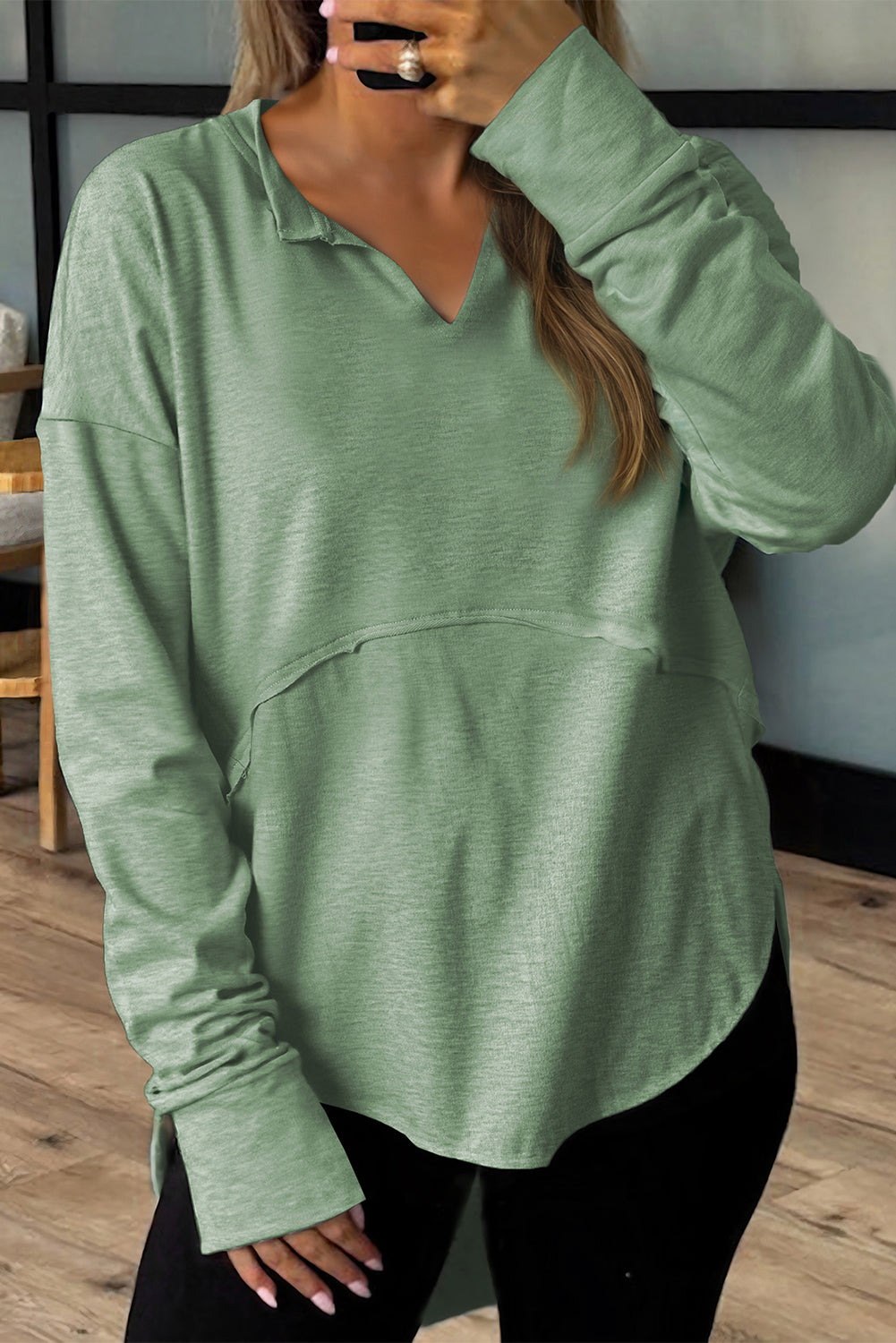 Notched Neck Terry Raw Hem Long Sleeve Top