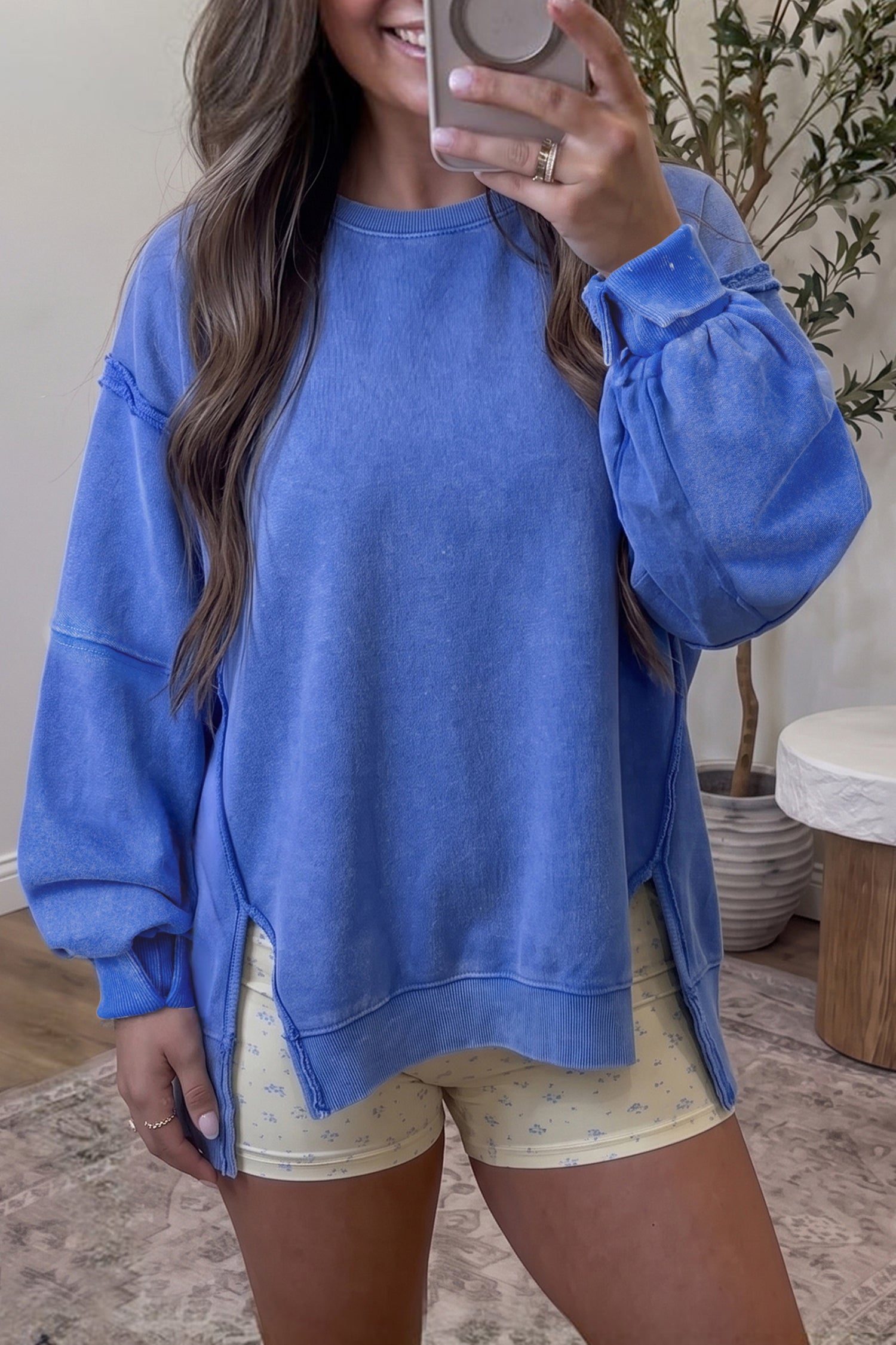 Sky Blue Mineral Wash Split Hem Tunic Sweatshirt