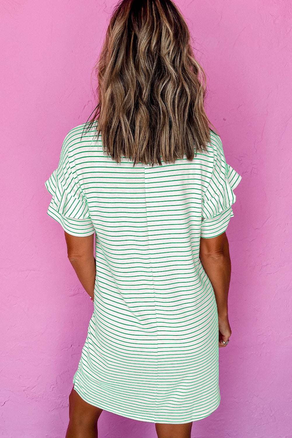 Green Stripe Ruffled Short Sleeve Crew Neck Dress