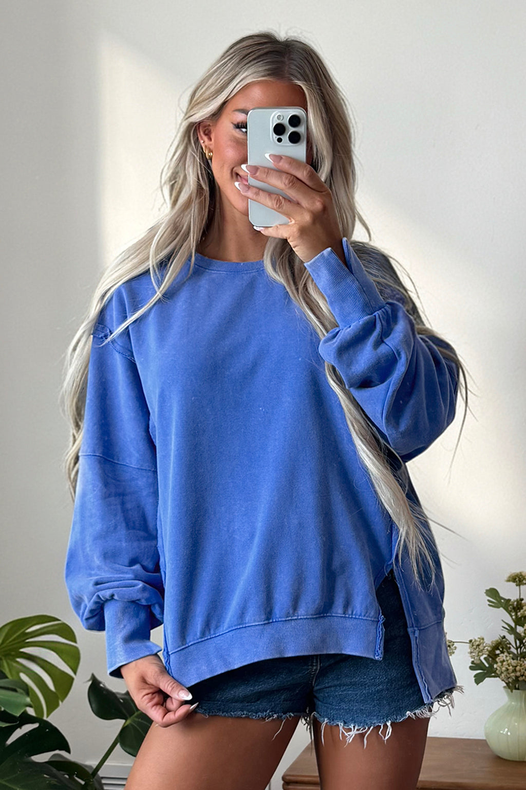 Sky Blue Mineral Wash Split Hem Tunic Sweatshirt