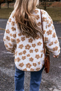 Beige Flower Pattern Button Up Fleece Jacket