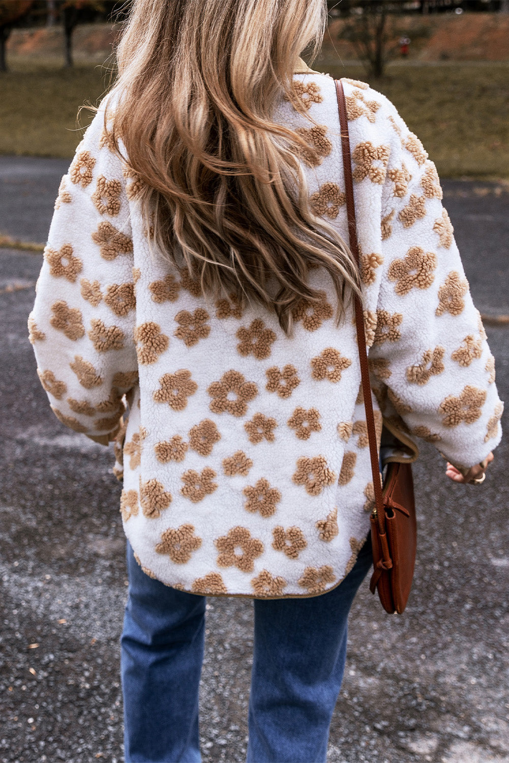 Beige Flower Pattern Button Up Fleece Jacket