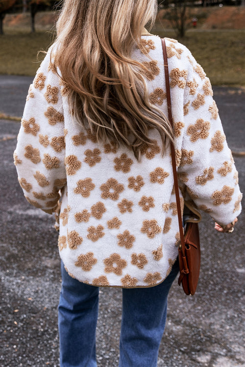 Beige Flower Pattern Button Up Fleece Jacket