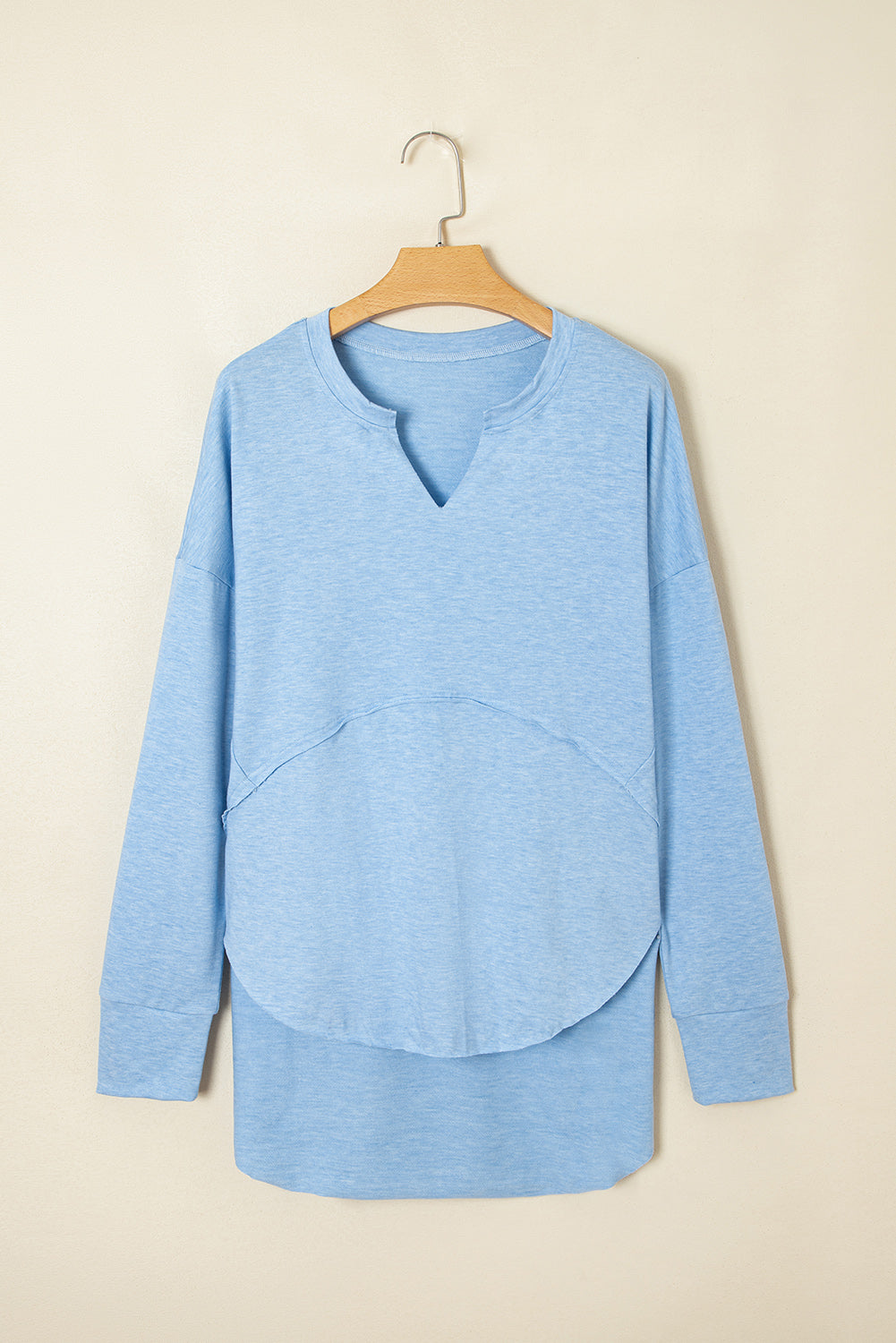 Notched Neck Terry Raw Hem Long Sleeve Top