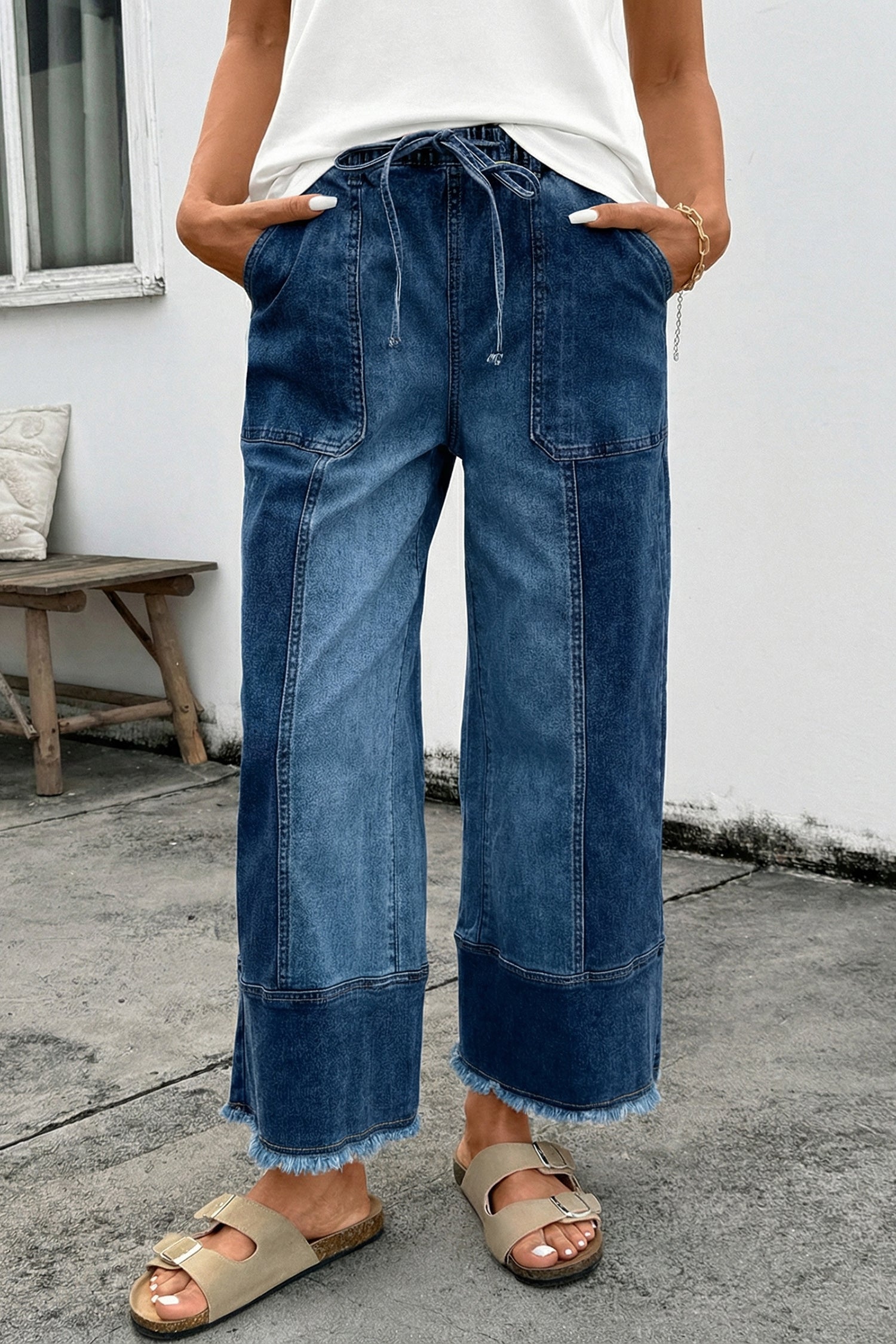 Drawstring Wide Leg Denim Pants