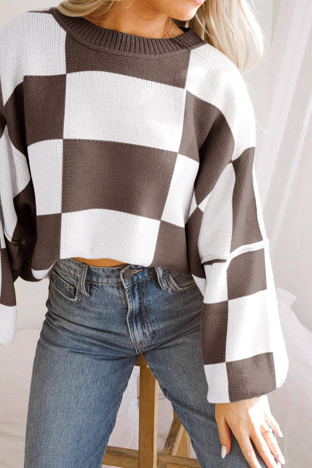 Checkered Bishop Sleeve Sweater