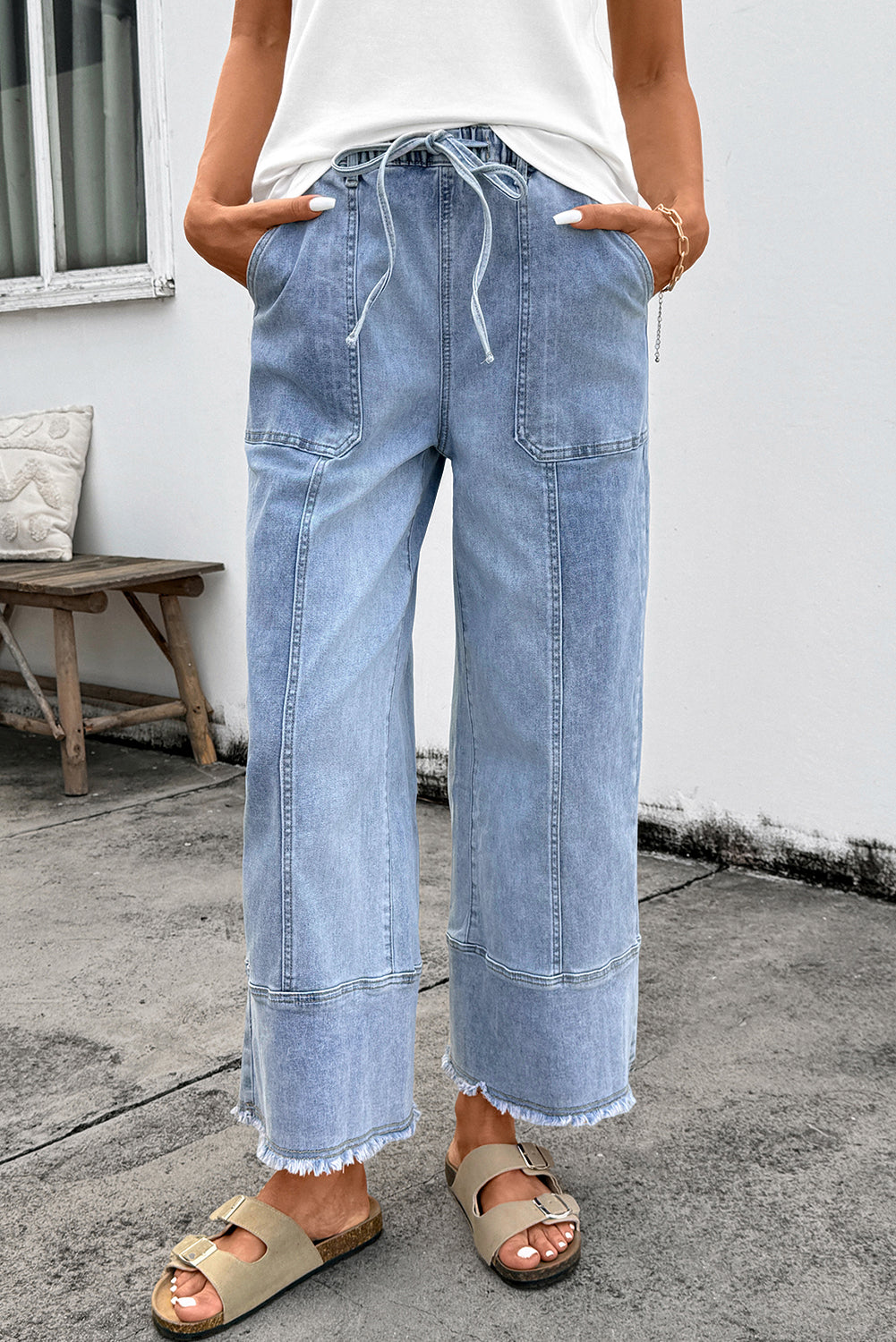 Drawstring Wide Leg Denim Pants