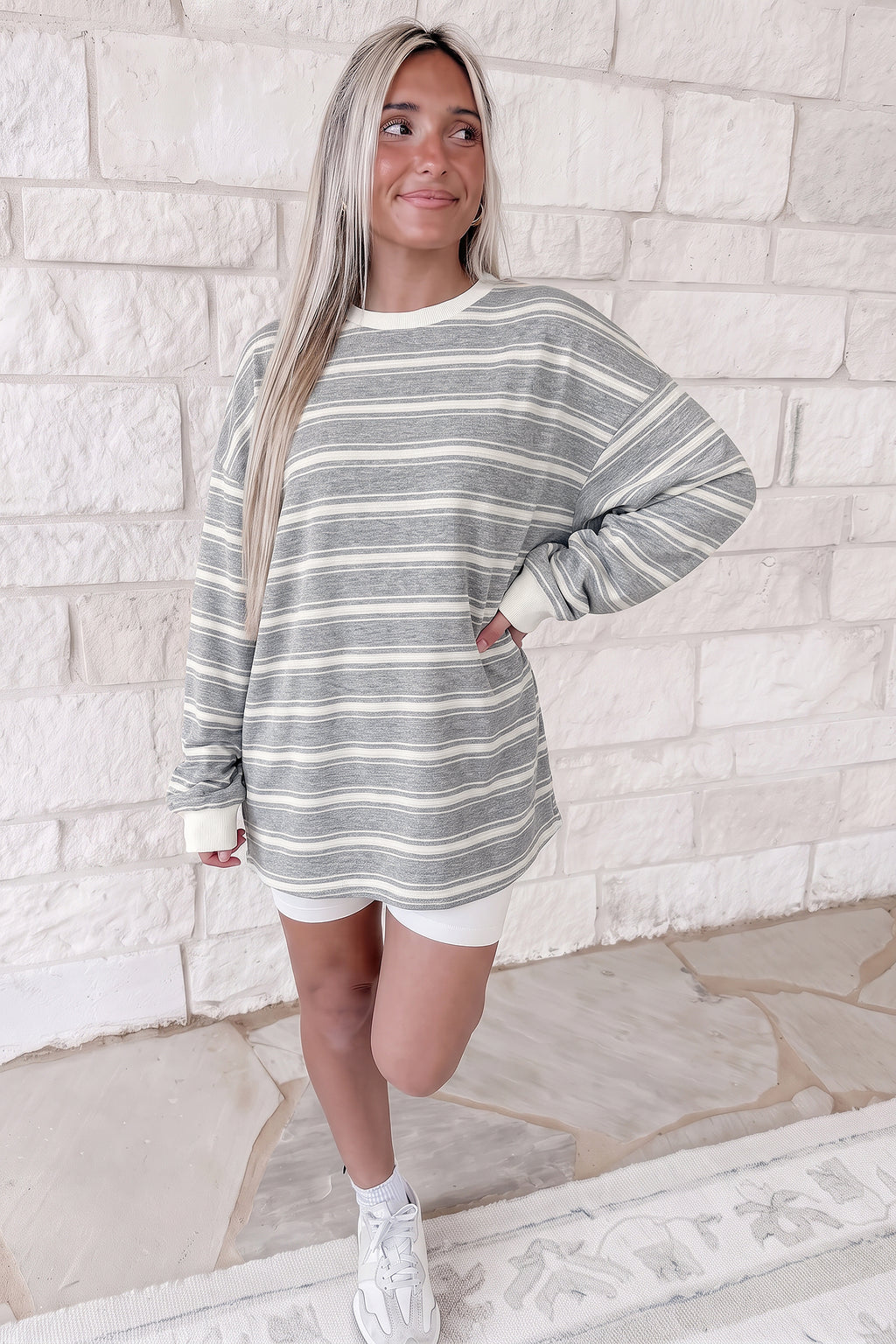 Gray Stripe Long Sleeve Relaxed Fit Shirt