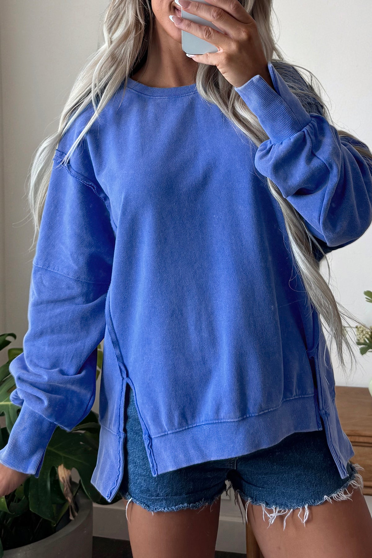Sky Blue Mineral Wash Split Hem Tunic Sweatshirt