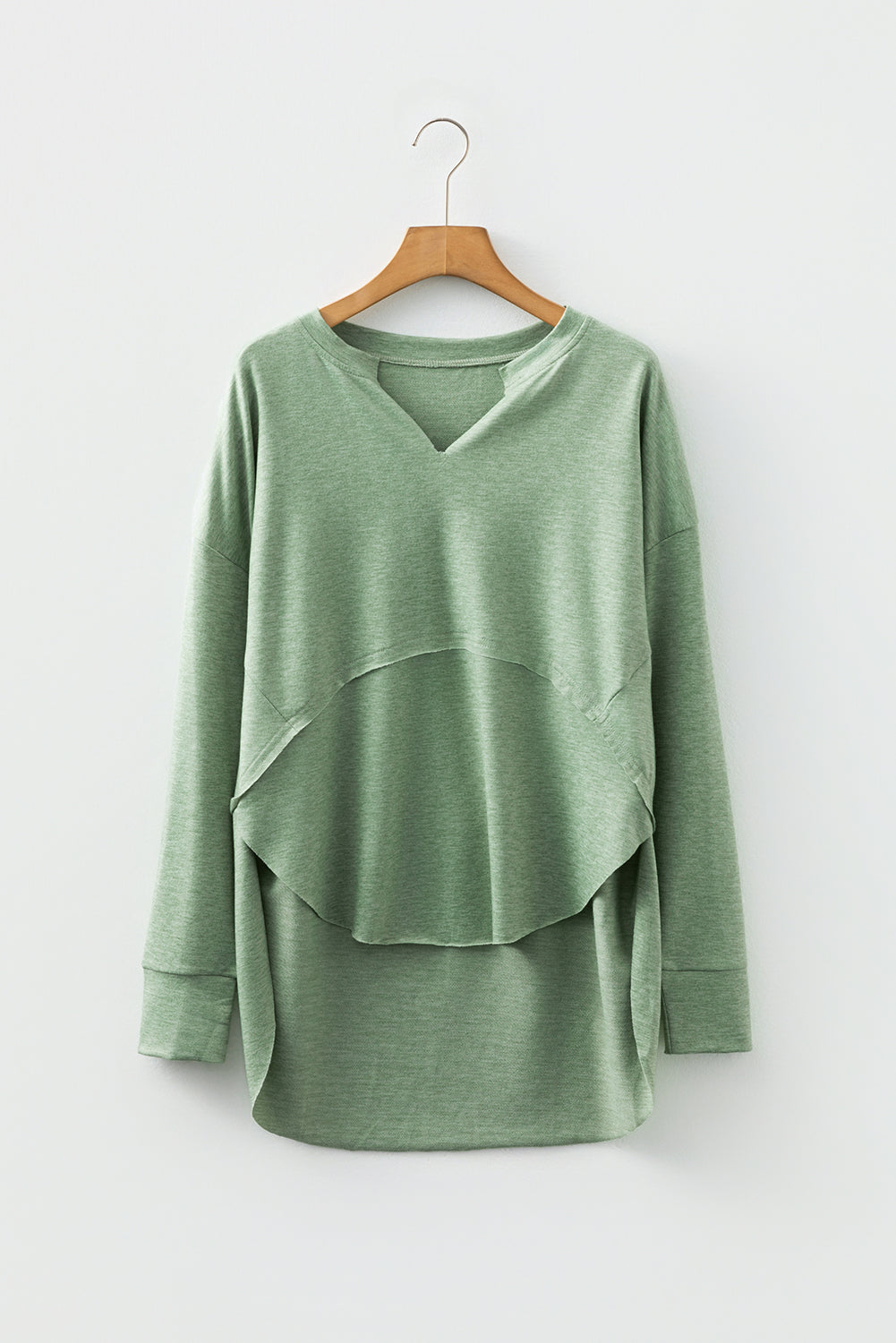 Notched Neck Terry Raw Hem Long Sleeve Top