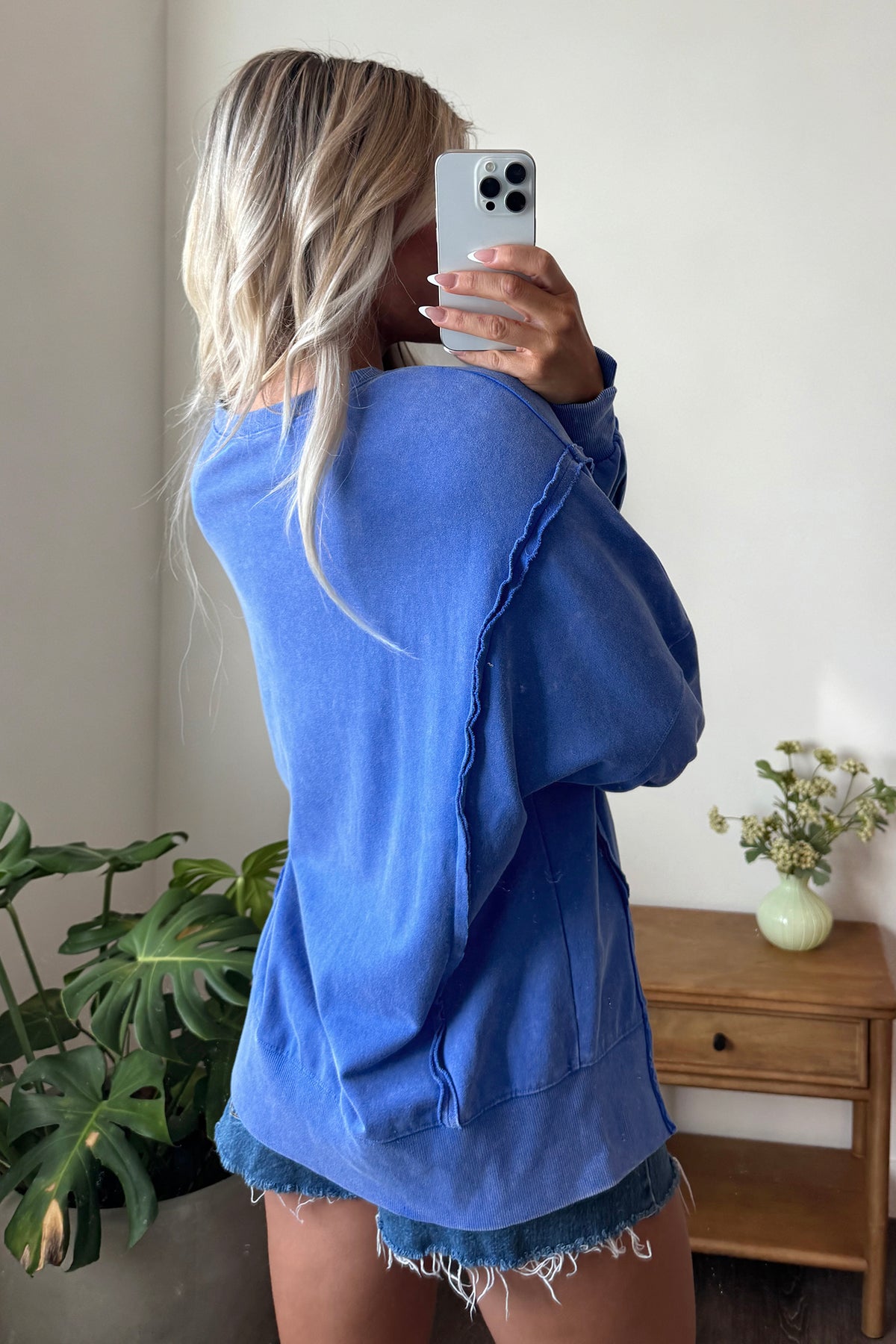 Sky Blue Mineral Wash Split Hem Tunic Sweatshirt